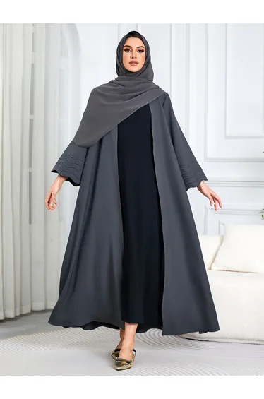 Women Solid Open Front Abaya with Headscarf