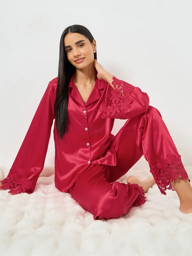Burgundy Lace Trim Satin Shirt and Pyjama Set - 1