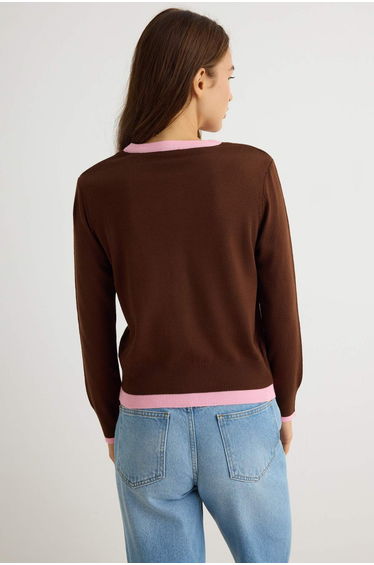 Brown-Pink Color Block Double Collar Detailed Knitwear Cardigan product thumbnail 4