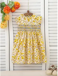 Girls Floral Print Smocked A-Line Dress