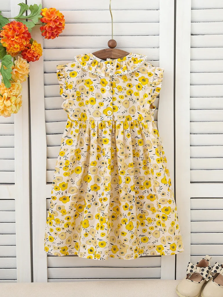 Girls Floral Print Smocked A-Line Dress - 4