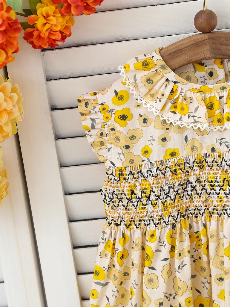 Girls Floral Print Smocked A-Line Dress - 2