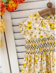 Girls Floral Print Smocked A-Line Dress - 2
