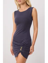 Navy Blue Fitted Sleeveless Accessory Detailed Mini Modal Knitted Dress - 2