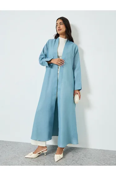 Blue Linen Look Front Open Abaya