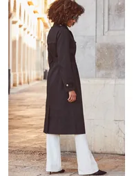 Black Longline Trench Coat With Faux Leather Trim - 3