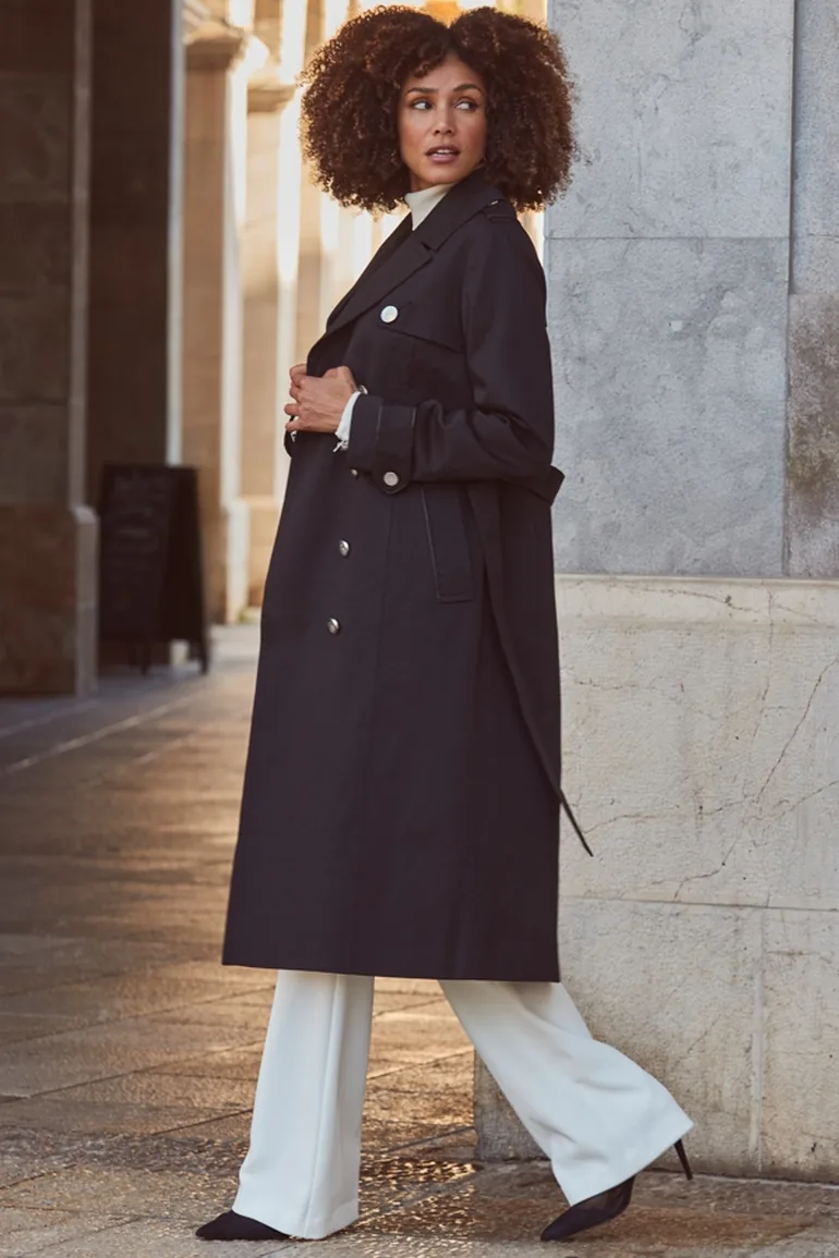 Black Longline Trench Coat With Faux Leather Trim - 2
