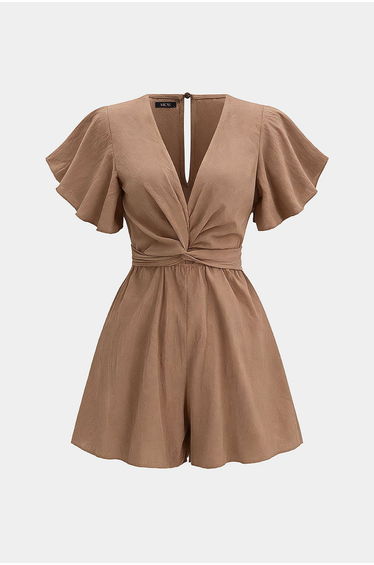 V-Neck Ruched Tie-Up Short Sleeve Romper