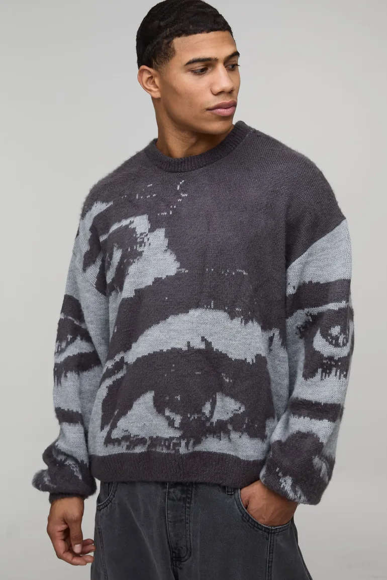 Oversized Boxy Brushed Eye Graphic Knitted Jumper - charcoal