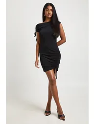 Acetate Slinky Asym Shoulder Ruched Detail Mini Dress - black