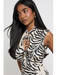 Tonal Zebra High Heck Tie Front Maxi Dress - stone - 3