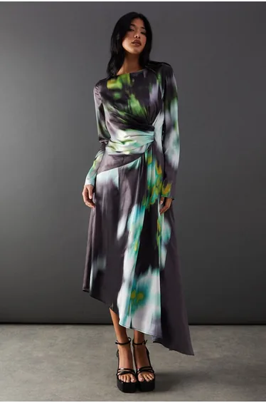 Printed Satin Knot Front Asymmetric Hem Midi Dress