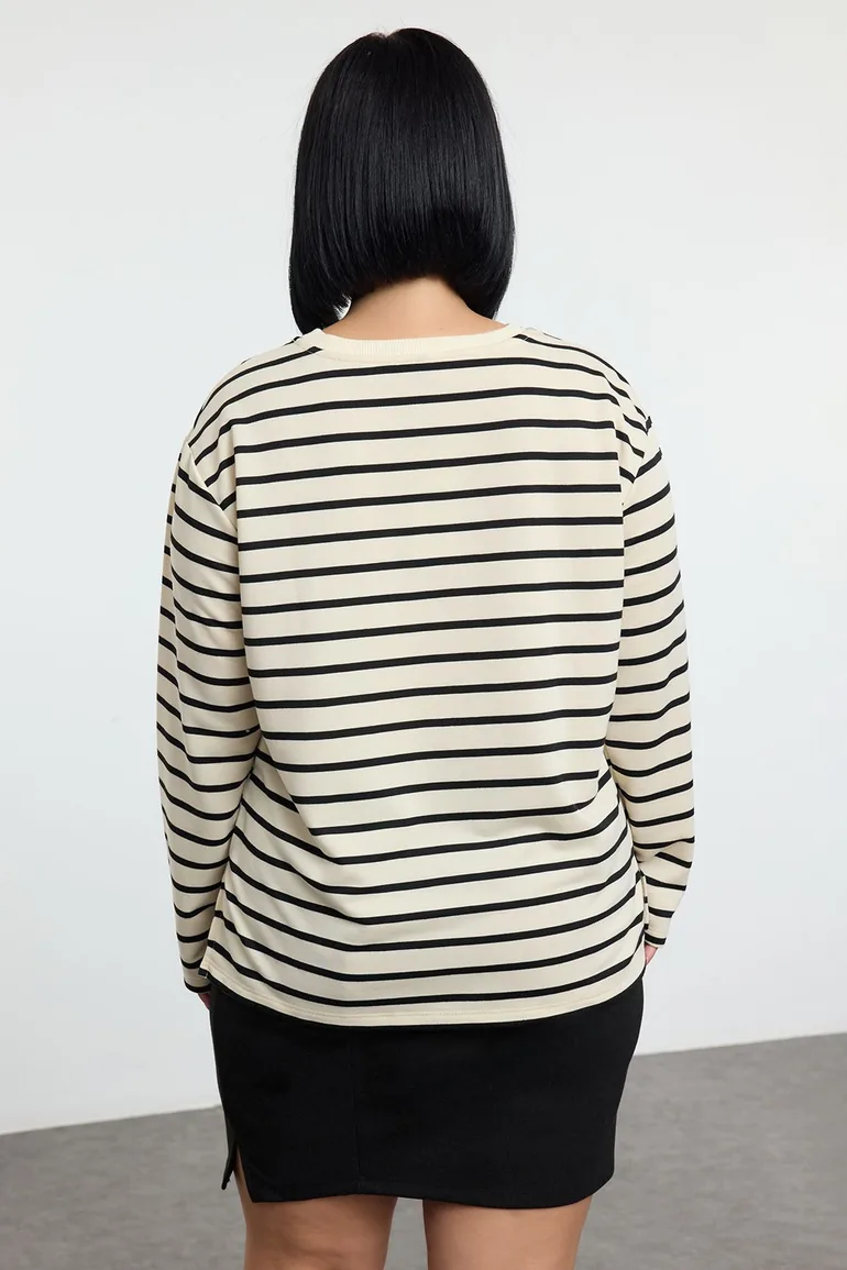 Beige Striped Regular/Normal Pattern Crew Neck Knitted Sweatshirt - 4