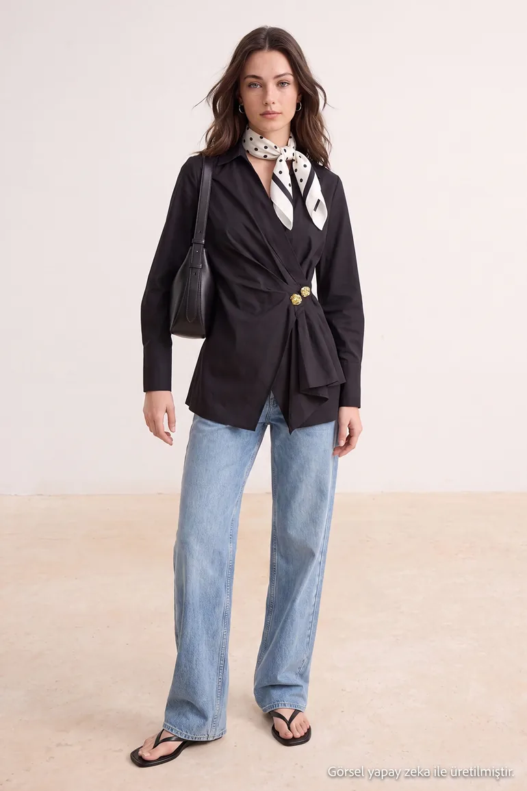Black Regular Terrycotton Plain Woven Top & Bottom Hijab Shirt - 1