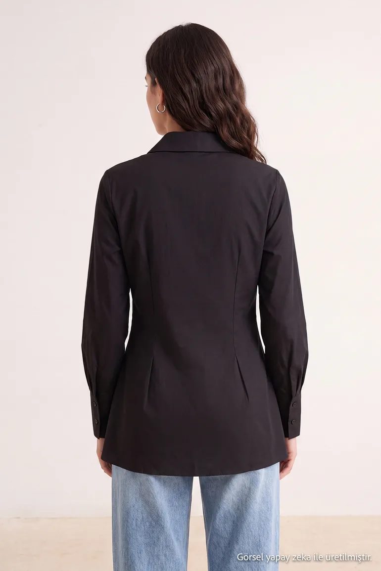 Black Regular Terrycotton Plain Woven Top & Bottom Hijab Shirt - 2