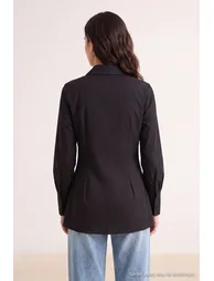 Black Regular Terrycotton Plain Woven Top & Bottom Hijab Shirt - 2