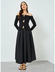Black Off-Shoulder Midi Dress with Embellished Leaf Detail - 2