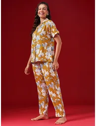 Floral Print Button Down Shirt and Pyjama Set - 2