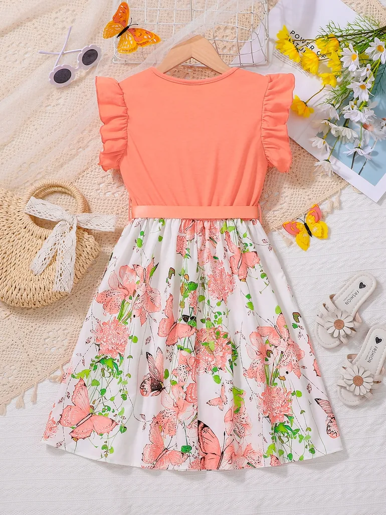 Girls Floral Print Ruffled Sleeve Midi Dress - 1
