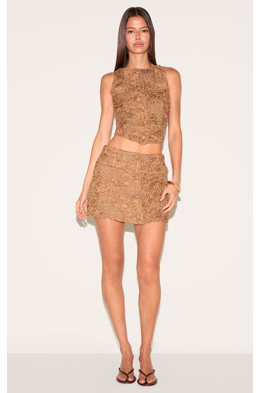 Taupe Floral Boucle Button Up Mini Skirt