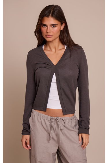 Charcoal Rib V Neck Long Sleeve Top