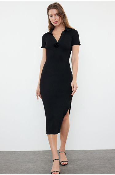 Black Slit Knitwear Dress