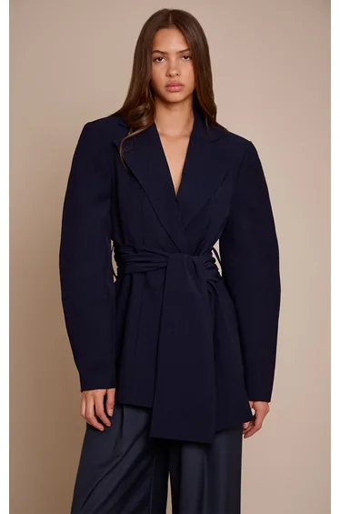 Navy Gathered Wrap Waist Belted Blazer