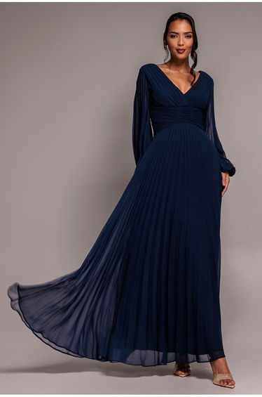 Goddiva Balloon Sleeve Chiffon Maxi Dress - Navy Blue
