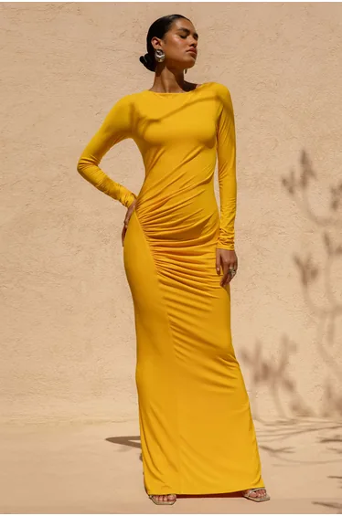 Diva | Orange Slashed-Neck Maxi Dress With Ruched Detailing