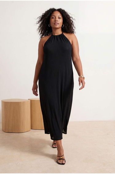 Black Shift/Straight Sleeveless Midi Pleated Knit Dress