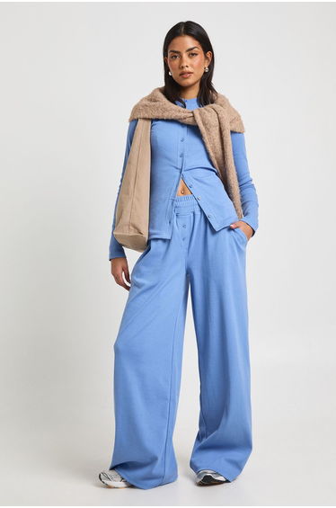 Rib Deep Waistband Wide Leg Trouser - blue