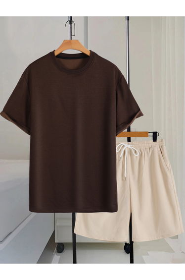 Men Brown Solid T-Shirt and Shorts Co-Ords