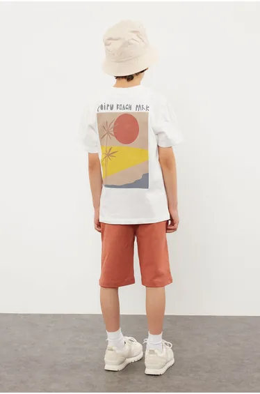 White Boy's Patterned Back Printed Short Sleeve T Shirt Shorts Set Knitted Top-Bottom Suit