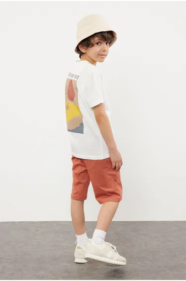 White Boy's Patterned Back Printed Short Sleeve T Shirt Shorts Set Knitted Top-Bottom Suit