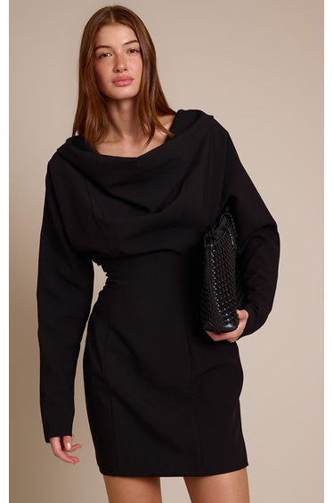 Black Woven Cowl Neck Tailored Dress