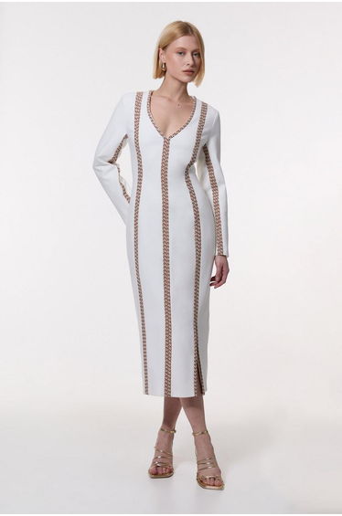 Compact Stretch Jacquard Insert Split Front Dress