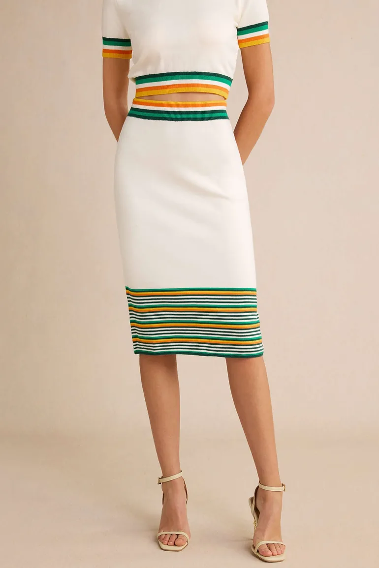 Knit Stripes Contrast Print Slit Skirt - 2