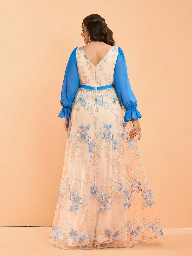 Leely Plus Women's Elegant V Neck Flare Sleeve Lace A-Line Dress - 4