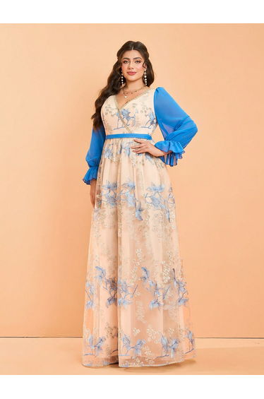 Leely Plus Women's Elegant V Neck Flare Sleeve Lace A-Line Dress