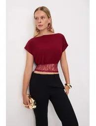 Burgundy Plain Boat Neck Sleeveless Knitted Sandy Blouse - 1