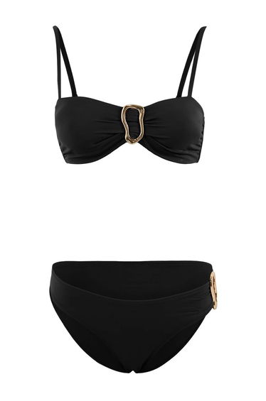 Black Strapless Covered Regular Waist Regular Bikini Set with Accessories