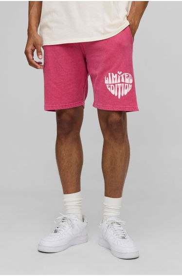 Regular Fit Limited Heart Graphic Washed Jersey Shorts