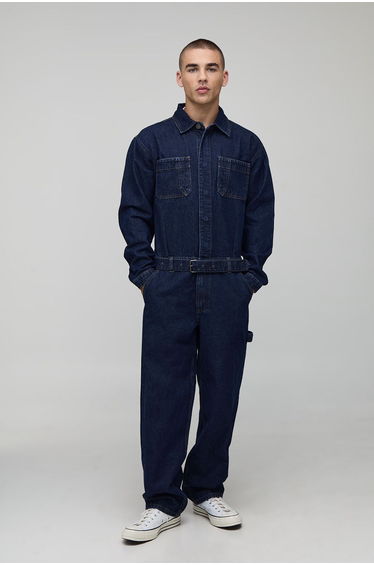 Long Sleeve Relaxed Fit Indigo Belted Boilersuit - indigo