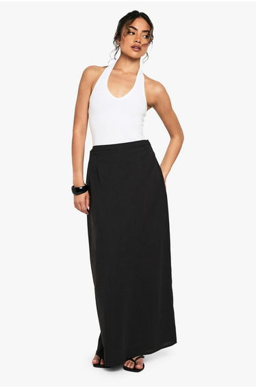 Linen Split Back Maxi Skirt - black