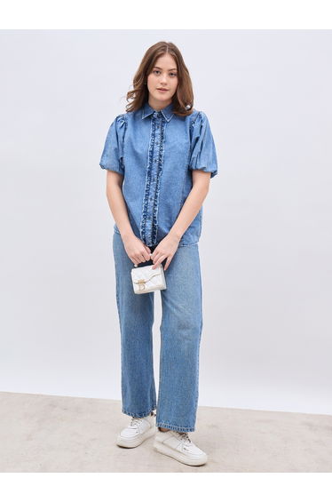 Women Blue Denim Ruffle Shirt