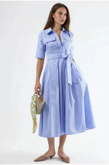 BUSEM Belted Striped Midi Shirt Dress