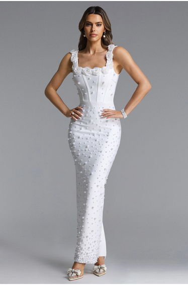 Shea Elegant Contour Square Neck Floral Pearl Bandage Maxi Dress