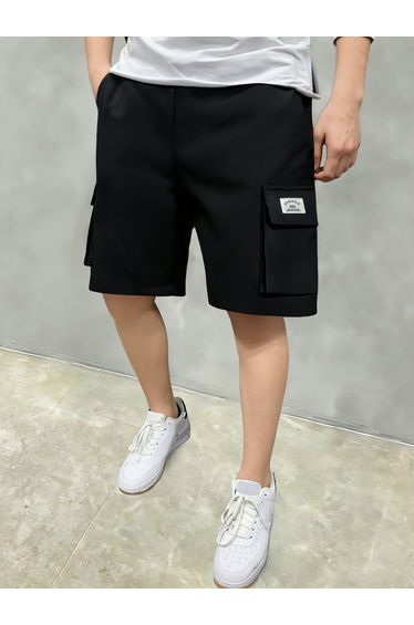 Men Black Solid Multi Pockets Cargo Shorts