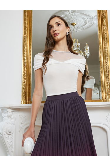 Women Off White Mesh Embellished Top