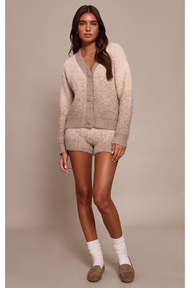 Beige Ombre Brushed Button Through Long Sleeve Cardigan